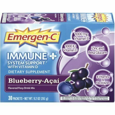 Emergen-C Immune+ System Support with Vitamin D Flavored Fizzy Drink Mix, Blueberry-Acai 30 ea 