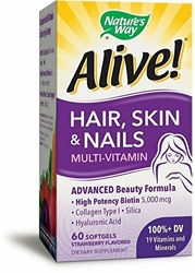 Natures Way Alive! Hair, Skin & Nails Multivitamin with Biotin (5,000mcg per serving and Collagen (75mg per serving), Fruit & Veggie Blend (50mg per serving), 60 Softgels 