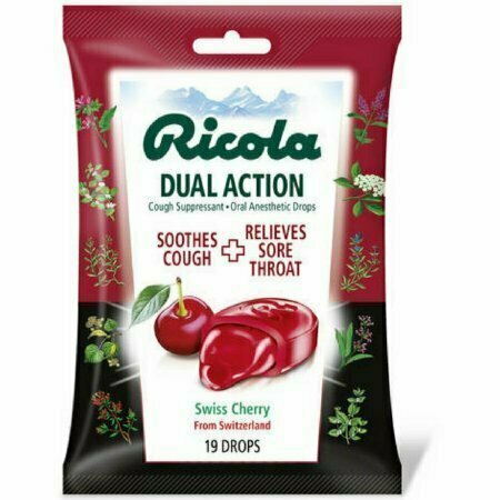 Ricola Dual Action Cough Suppressant Oral Anesthetic Drops, Swiss Cherry 19 each 